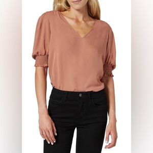 Joie KAREMELE SMOCKED SILK BLOUSE IN BRUSHED CLAY